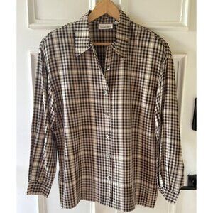 Vintage Dana Buchman Silk Plaid Blouse Size 12 Black Beige Check 90s Quiet Luxe
